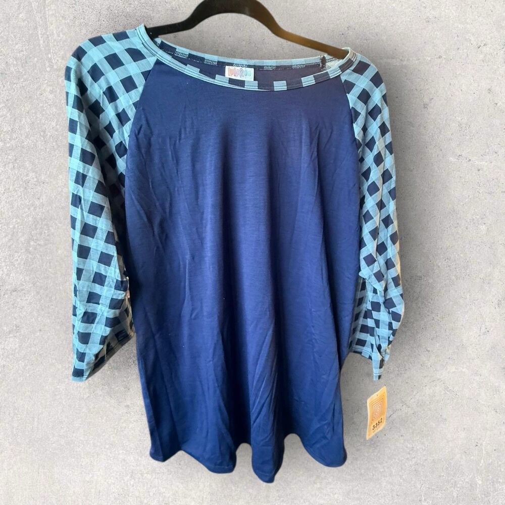 Lularoe Women's Randy Baseball Blue With Check Sleeve Sweater Print Size 3XL NWT